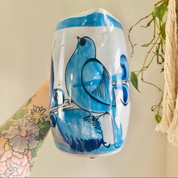 Vintage Gray and Blue Tonala Mexico Bird Flower Pottery Pitcher Vase Jug - Picture 2 of 12